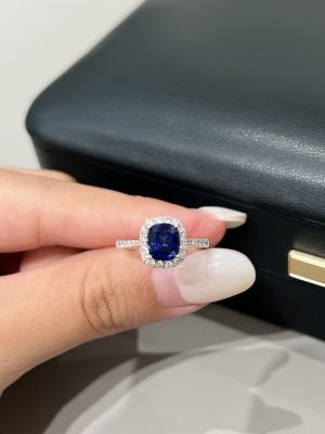 1.67CTW Cushion Cut Lab Grown Sapphire & Diamond Ring in 18K White Gold