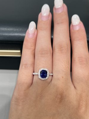 1.67CTW Cushion Lab Grown Sapphire & Diamond Ring in 18K White Gold