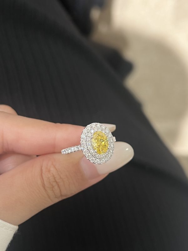 1CTW Oval Cut Fancy Vivid Yellow Lab Grown Diamond Engagement Ring Three-Stone