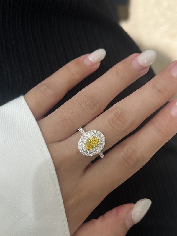 1CTW Oval Cut Fancy Vivid Yellow Lab Grown Diamond Engagement Ring Three-Stone