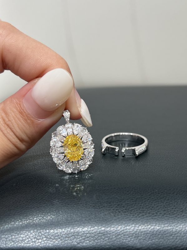 2CTW Oval Cut Fancy Vivid Yellow Lab Grown Diamond Ring and Pendant Dual-Use