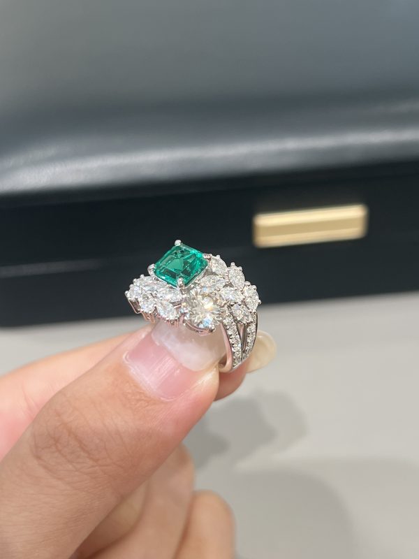 1CTW Asscher Cut Emerald Gemstone Ring in 18K White Gold