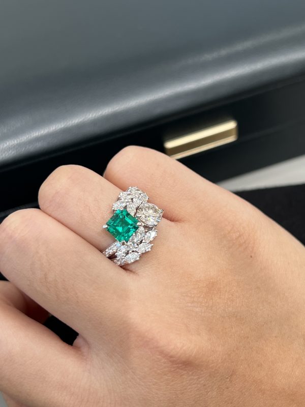 1CTW Asscher Cut Emerald Gemstone Ring in 18K White Gold