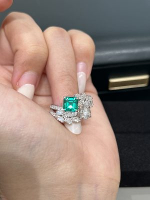 1CTW Asscher Cut Emerald Gemstone Ring in 18K White Gold