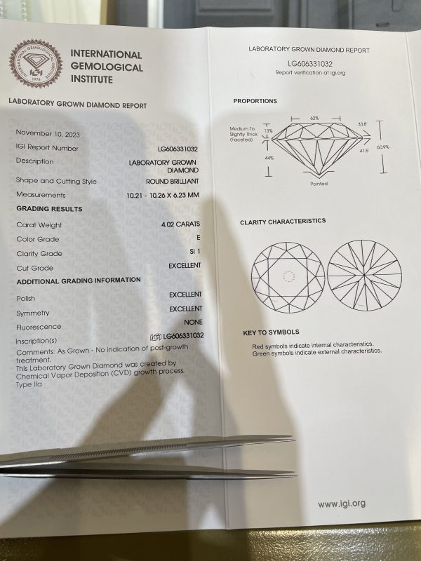 4CTW Round Brilliant Lab Grown Diamond E SI1 3EX IGI Certification