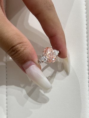 3.6CTW Oval Cut Fancy Intense Pink Lab Grown Diamond Ring Three-Stone
