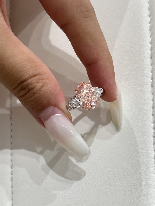 3.6CTW Oval Cut Fancy Intense Pink Lab Grown Diamond Ring Three-Stone