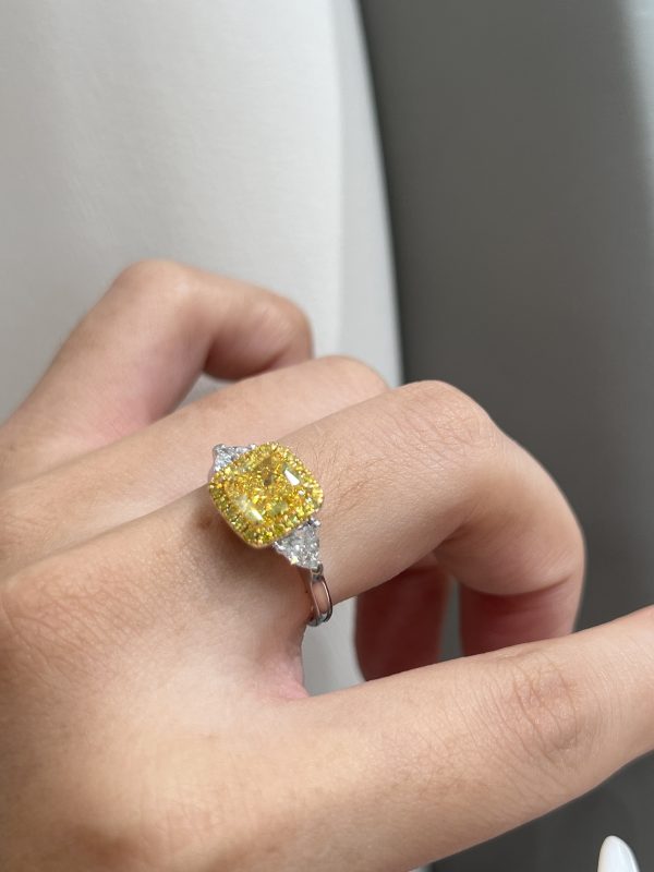 1.5CTW Cushion Cut Fancy Intense Yellow Lab Grown Diamond Ring  Three-Stone