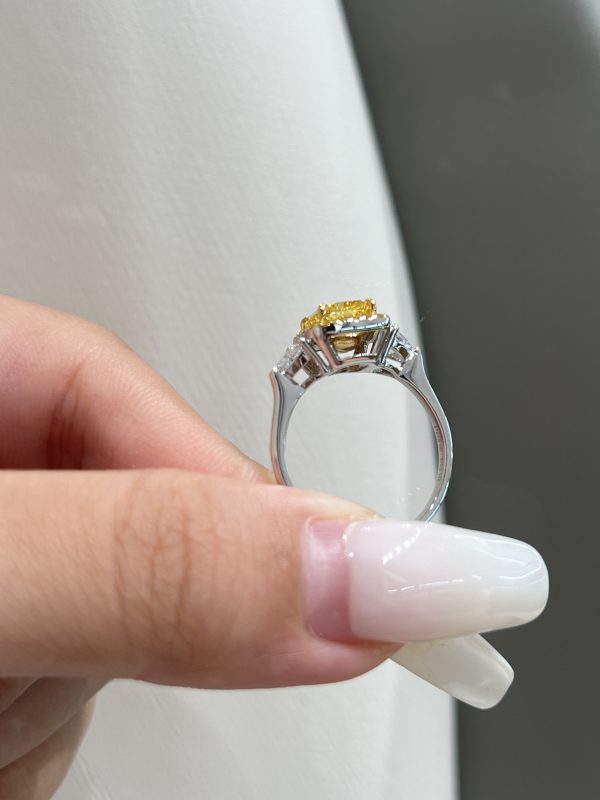 1.5CTW Cushion Cut Fancy Intense Yellow Lab Grown Diamond Ring  Three-Stone