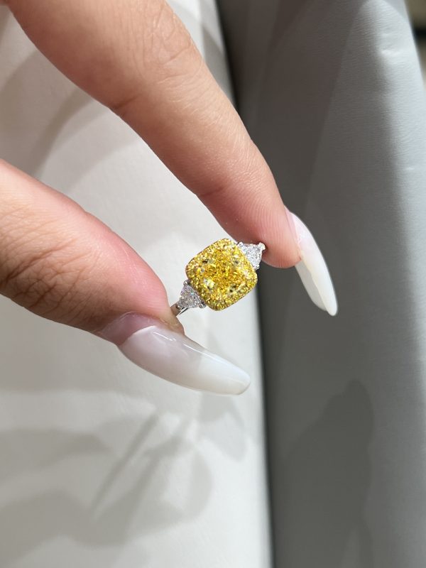 1.5CTW Cushion Cut Fancy Intense Yellow Lab Grown Diamond Ring  Three-Stone