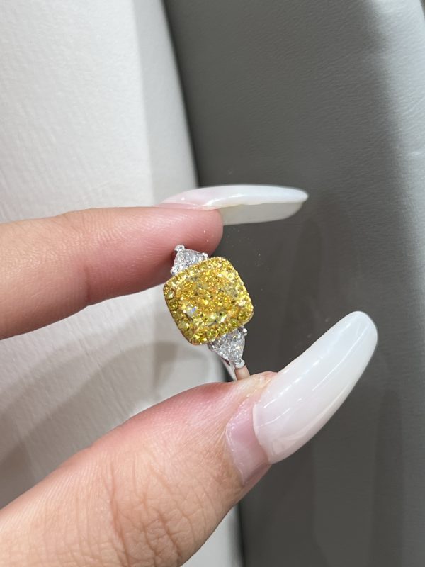 1.5CTW Cushion Cut Fancy Intense Yellow Lab Grown Diamond Ring  Three-Stone