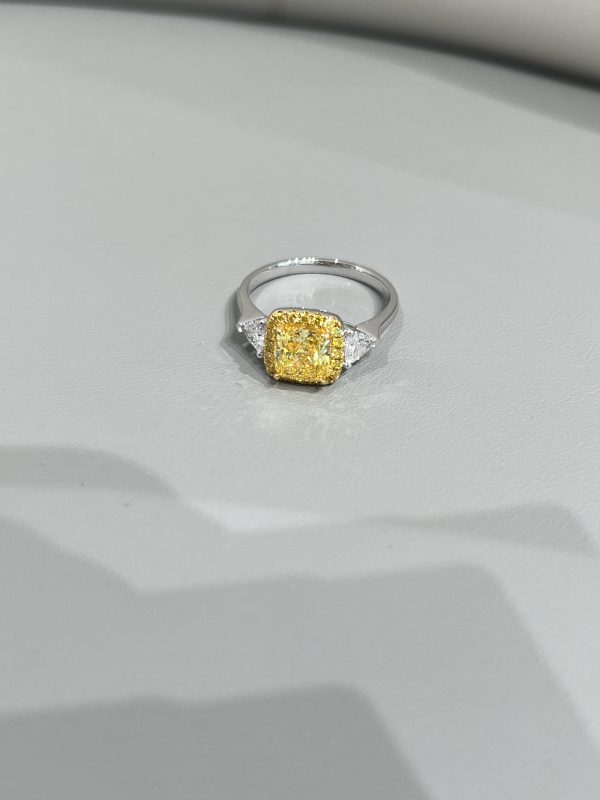 1.5CTW Cushion Cut Fancy Intense Yellow Lab Grown Diamond Ring  Three-Stone