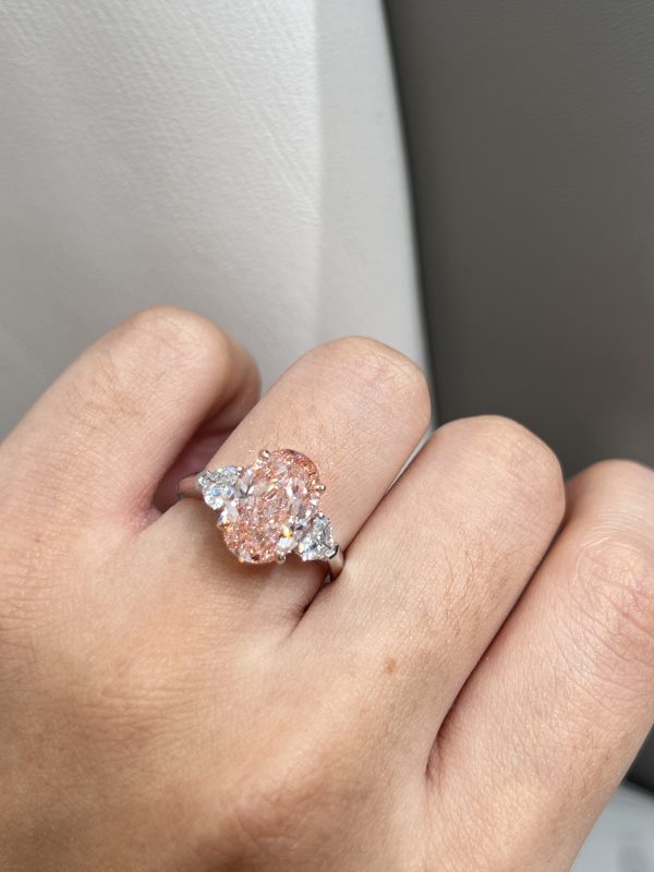 3.6CTW Oval Cut Fancy Intense Pink Lab Grown Diamond Ring Three-Stone