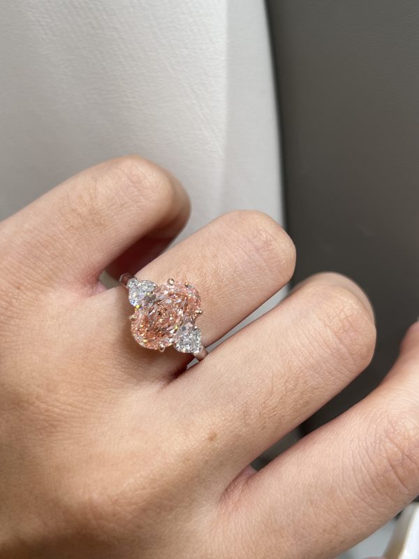 3.6CTW Oval Cut Fancy Intense Pink Lab Grown Diamond Ring Three-Stone