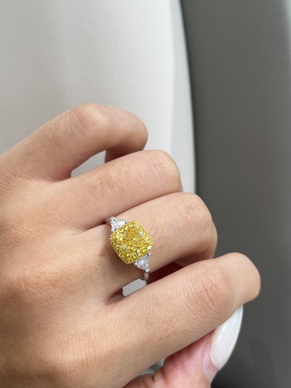 1.5CTW Cushion Cut Fancy Intense Yellow Lab Grown Diamond Ring  Three-Stone