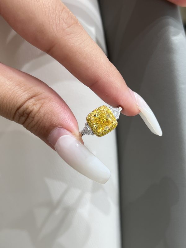 1.5CTW Cushion Cut Fancy Intense Yellow Lab Grown Diamond Ring  Three-Stone