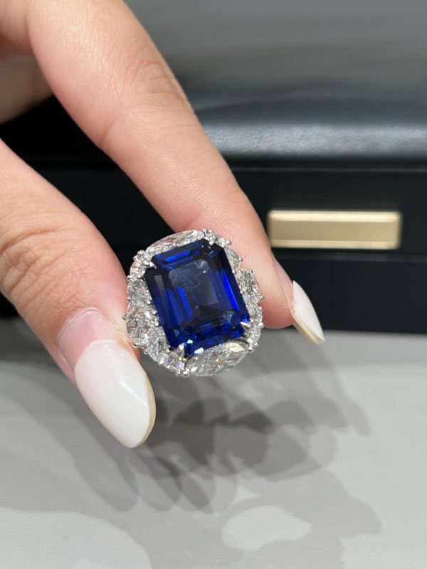 14CTW Emerald Cut Lab Grown Sapphire Rings in 18K White Gold