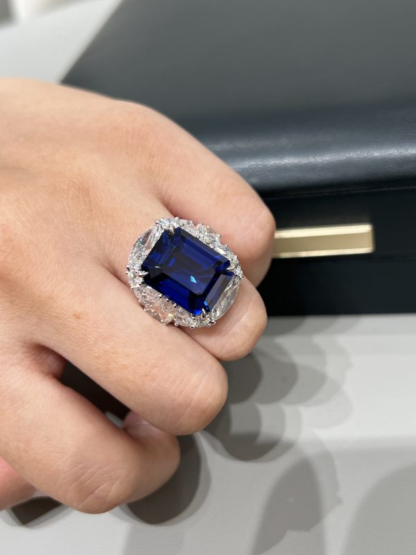 14CTW Emerald Cut Lab Grown Sapphire Rings in 18K White Gold