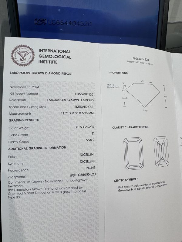 5 Carats Emerald Cut CVD Lab Grown Diamond IGI Certificate D VVS2
