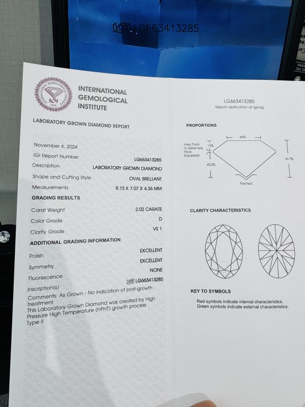 2 Carats Oval Cut CVD Lab Grown Diamond IGI Certification D VS1