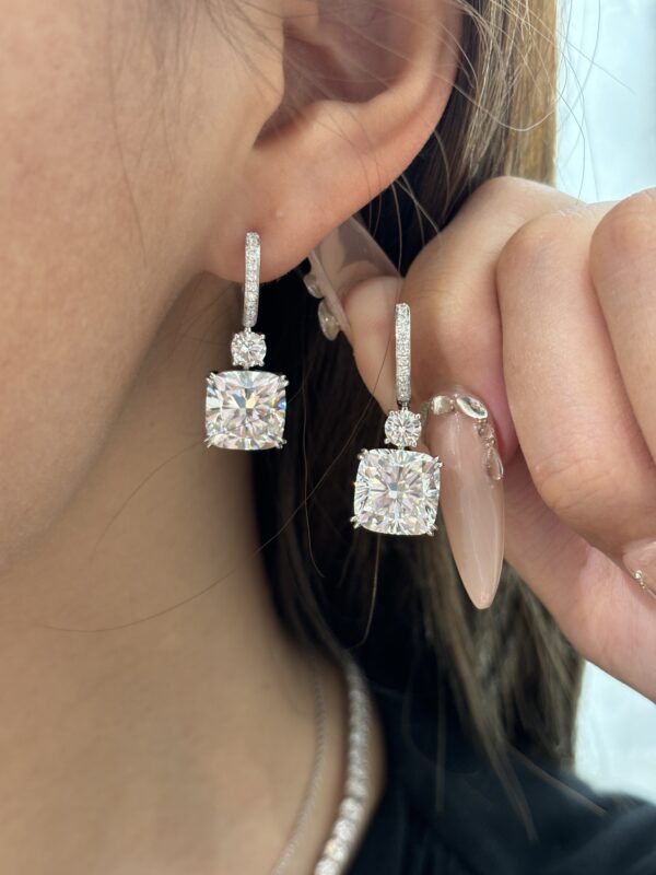 10CTW Cushion Cut Lab Grown Diamond Earrings Four Prong in 18K White Gold