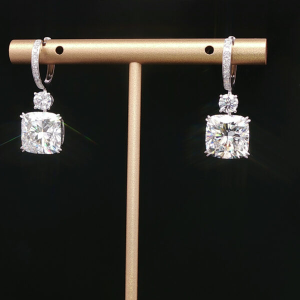 10CTW Cushion Cut Lab Grown Diamond Earrings Four Prong in 18K White Gold
