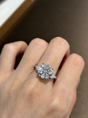 5 Carat Round Three-Stone Lab Grown Diamond Engagement Ring in 18K Gold